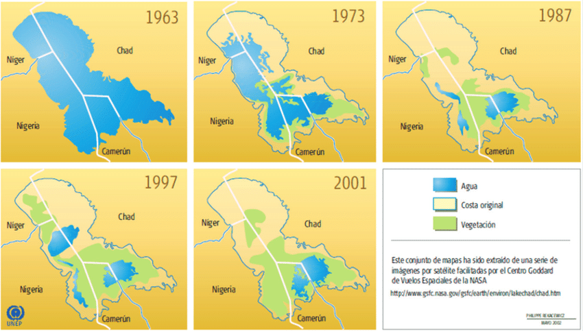 imagen representando retroceso del lago chad entre 1963 y 2001