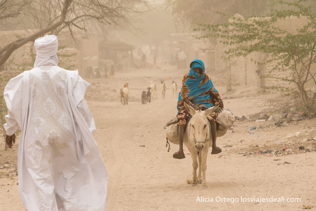 Isseirom street with old woman in blue on donkey back near chad lake